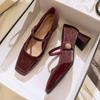 Fashion Square Toe A Single Line with High-heeled Shoes Women 2025 New Thick Heel Plus Size Women's Shoe French Mary Jane Single Shoes