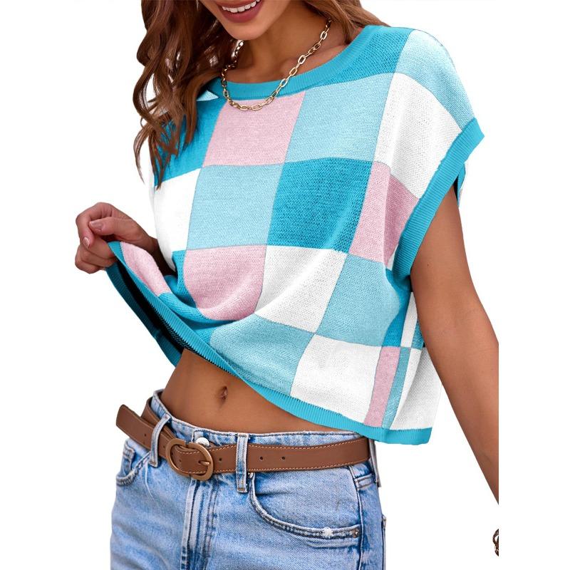 Вязаный клетчатый свитер с круглым вырезом и короткими рукавами, женский короткий топ с высокой талией и открытым пупком, повседневный трикотаж