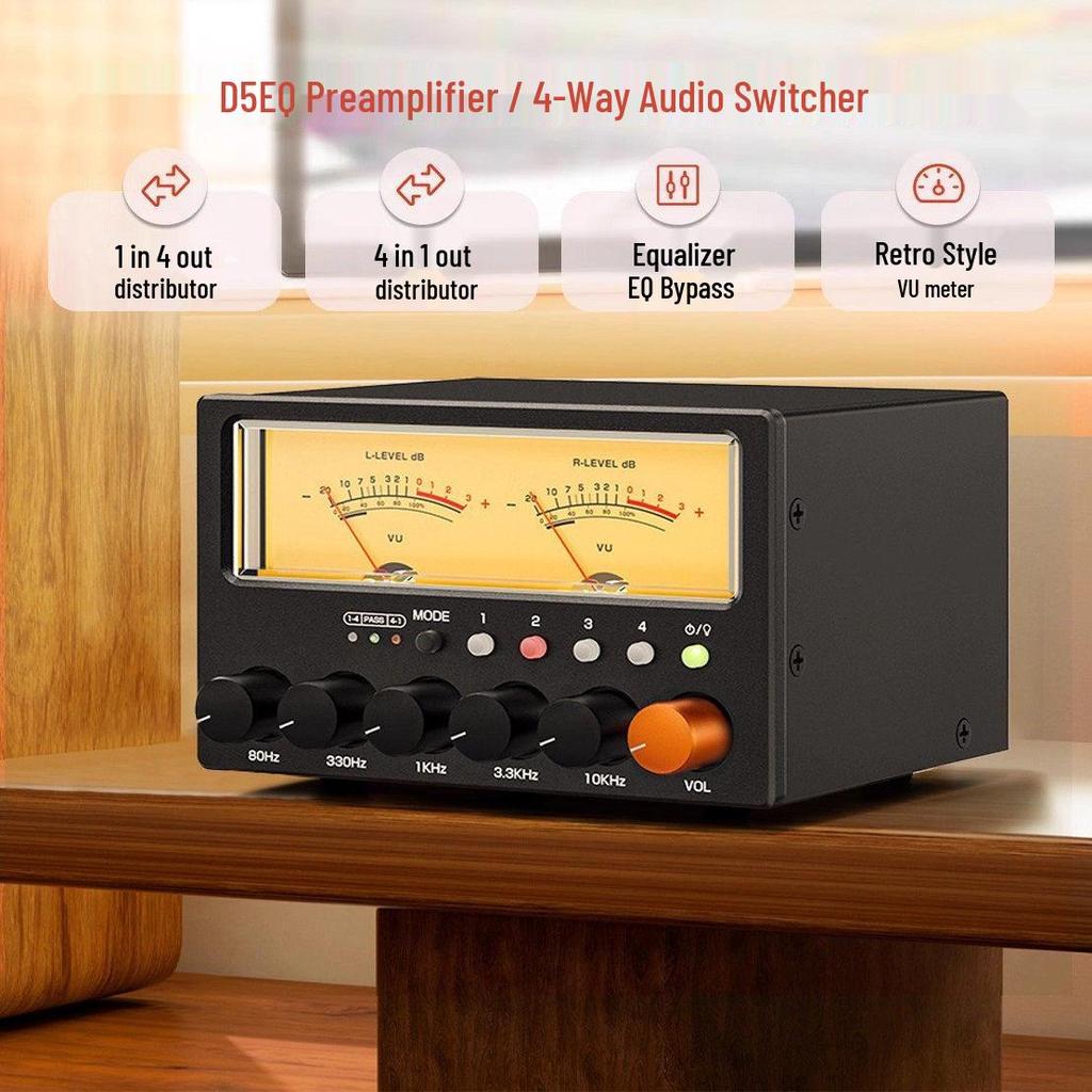 Little Bear D5 4-полосный аудиопереключатель с 5-полосным стереоэквалайзером и VU-метром Hi-Fi предусилитель