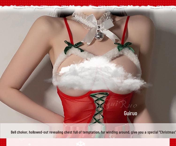 Velvet Bow Cutout Lingerie Set: Plush Patchwork Christmas Uniform for Women