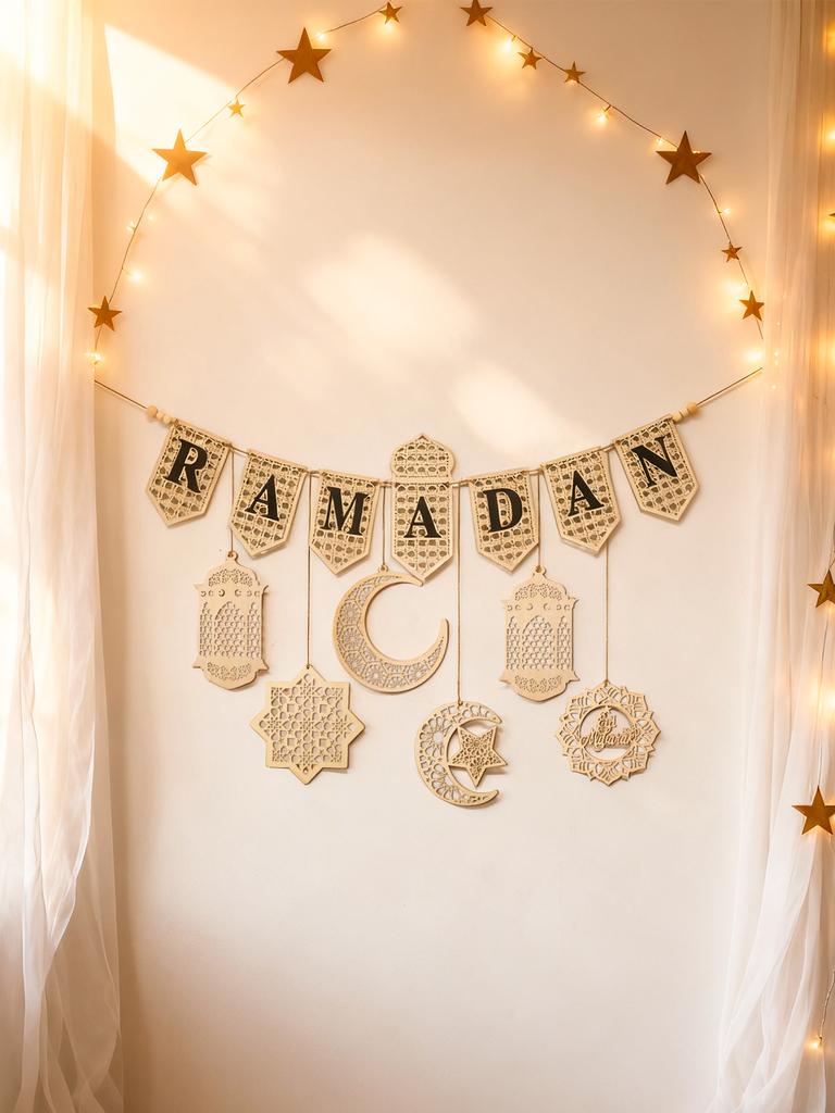 Ramadan Kareem Wooden Banner Garland - Islamic Moon Star Lantern Hanging Decor for Muslim Festival Home Party Wall Ornament Gift