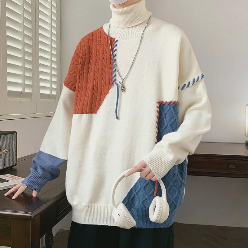 Men's Warm Knitted Winter Turtleneck Sweater - Contrast Design, Long Sleeve