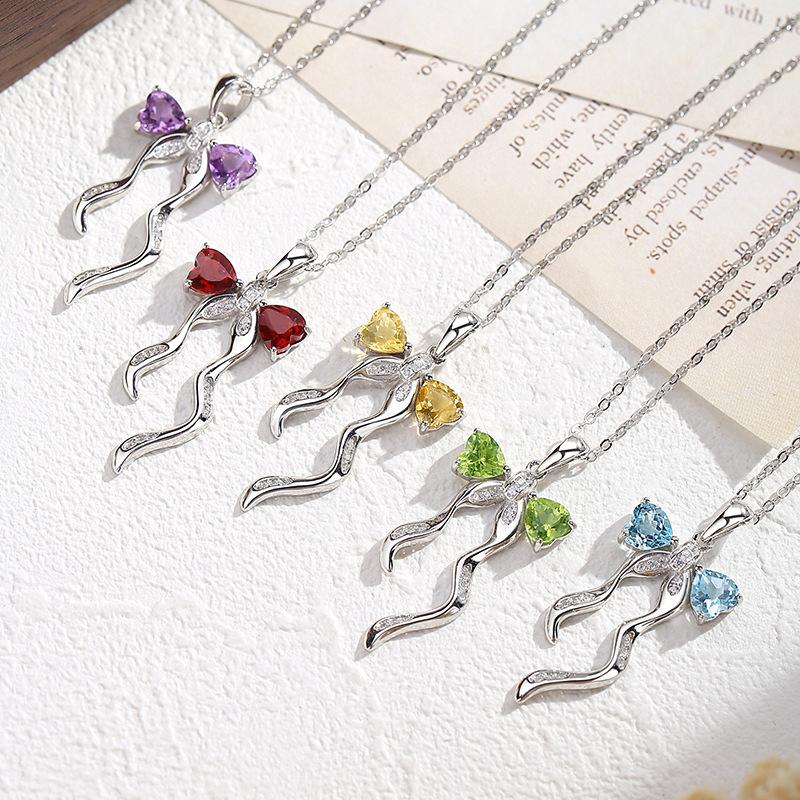 925 Sterling Silver Butterfly Pendant Necklace for Women, Natural Amethyst/Topaz Crystal Necklace, INS Style Dainty Jewelry Gift