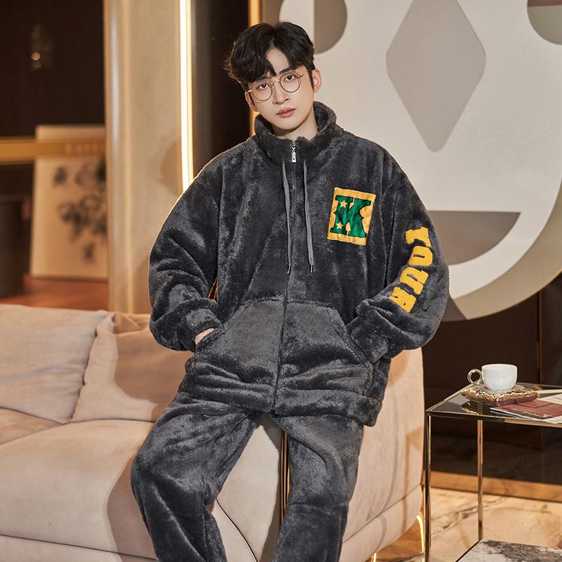 Антистатический коралловый флис мужской зимний пижамный комплект утепленная фланель теплая пижама большого размера на молнии мягкая мужская пижама домашняя одежда