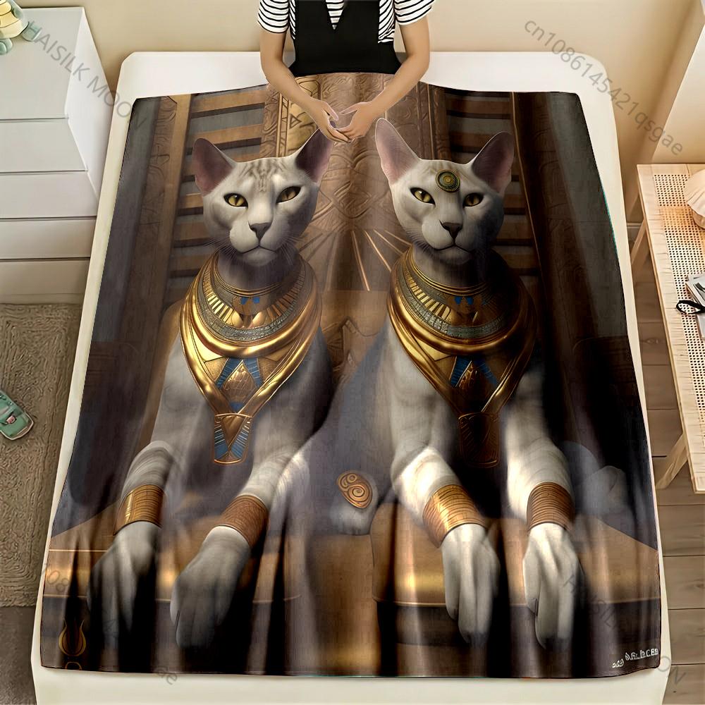 1PC Egyptian themed Cat Statues Pattern Blanket Flannel Material Soft Warm for All Seasons, Home Outdoor Camping Picnics RV