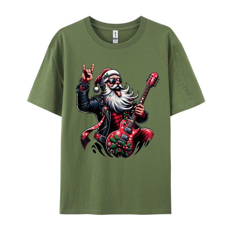 Rock Roll Christmas Santa Claus Guitar Player T-Shirts Autumn Soft Mens Tee Shirts Pure Cotton T Shirts