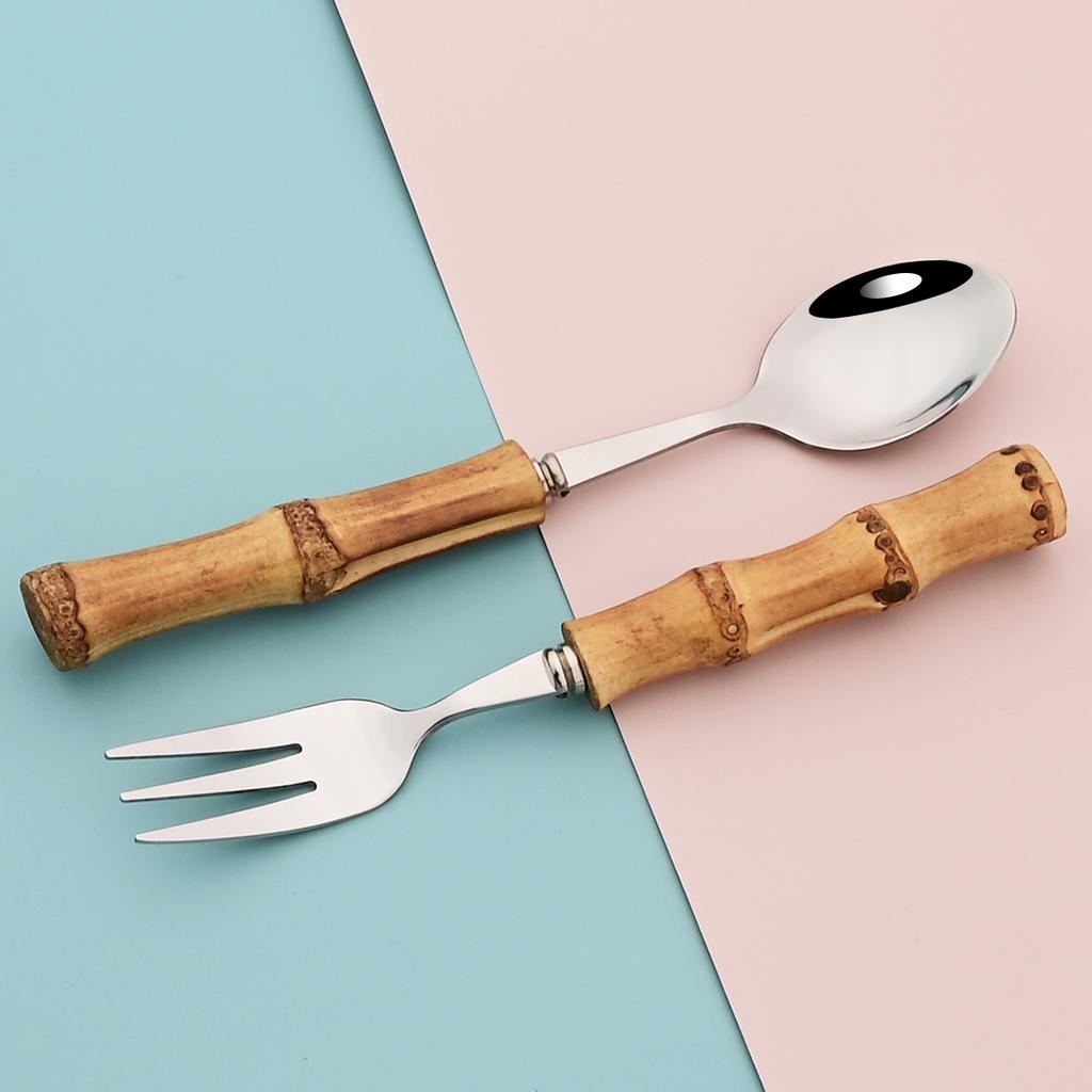 20Pcs Gold Stainless Steel Cutlery Set Wood Bamboo Root Handle Dinnerware Knife Tea Spoon Cake Fork Tableware Kitchen Silverware