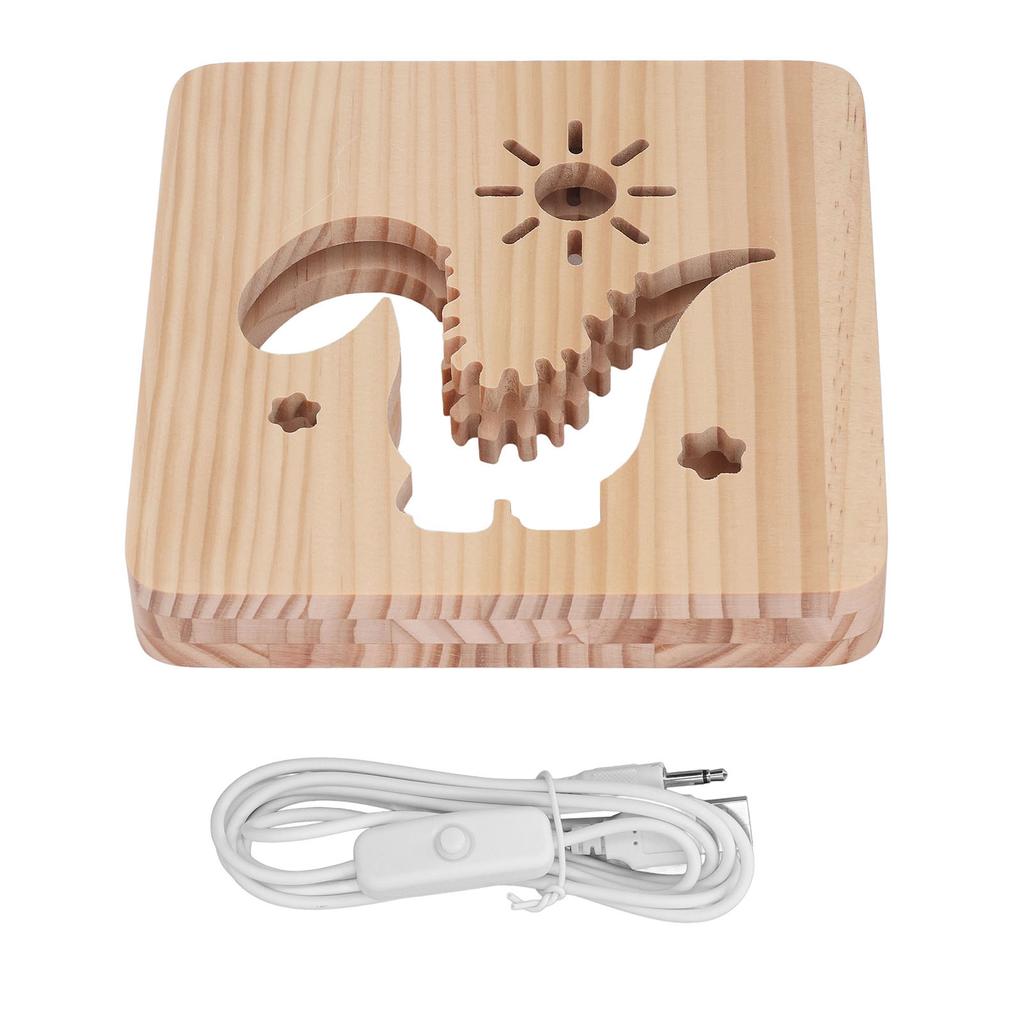 Лампа с резьбой по дереву с рисунком динозавра, теплый белый свет, питание от USB, 3D-деревянная лампа из сосны, ночник