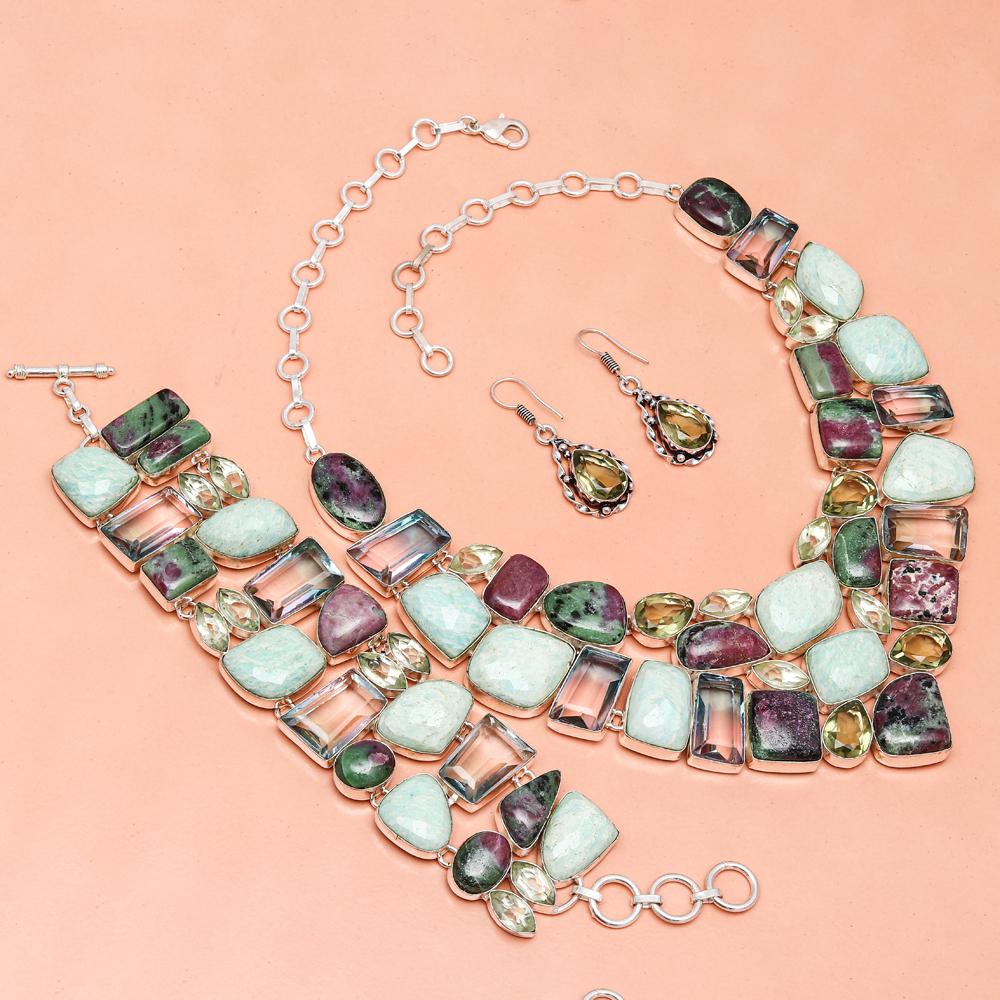 Комплект украшений из амазонита, яшмы, рубина, цоизита, ожерелье 16-18 дюймов