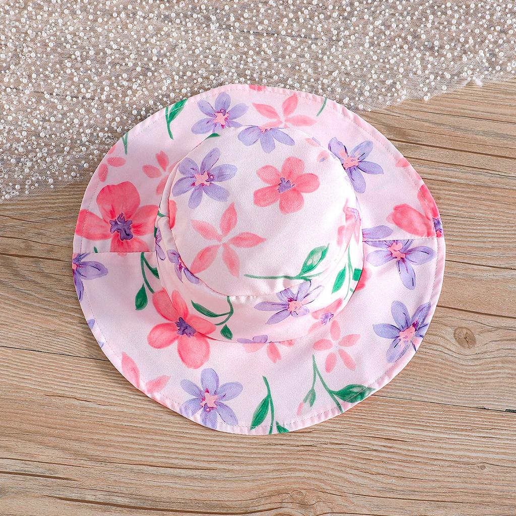 Cute Children's Set: Summer Girls' Off-the-Shoulder Tank Top + Floral Tiered Skirt + Matching Sun Hat (3-Piece Set)