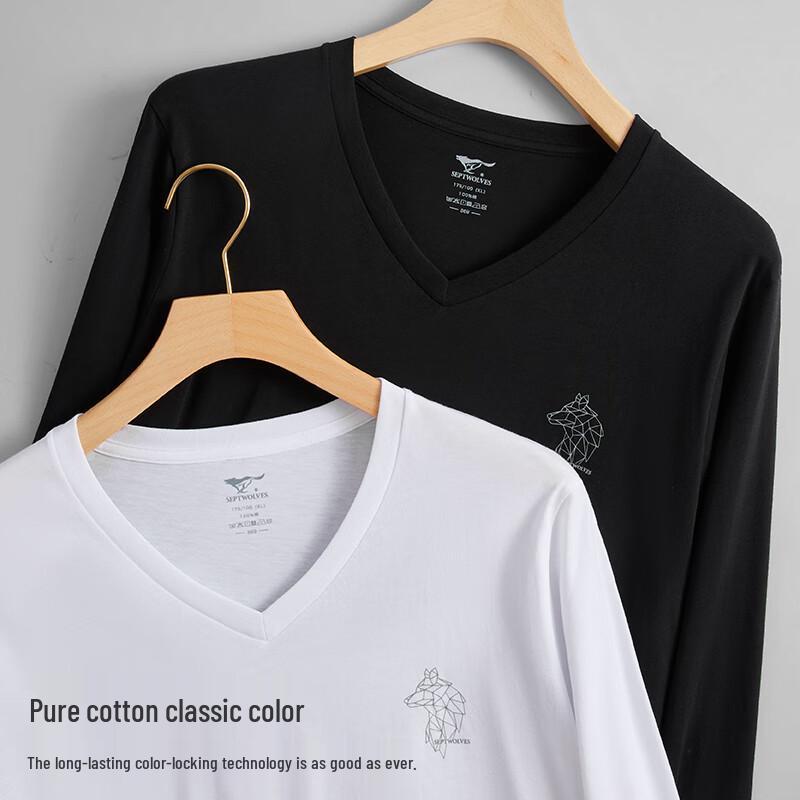 SEPTWOLVES Мужская футболка с длинными рукавами, V-образным вырезом и геометрическим принтом в виде головы волка, изготовленная из 100% хлопка.