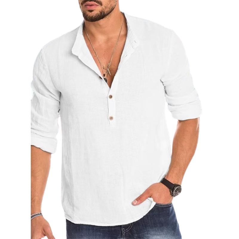 Spring Summer Men's Shirts Long Sleeve Loose Solid Color Cotton Linen Shirt Oversized Pull-up Sleeve Tops