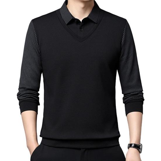 Мужская рубашка осень-весна с отложным воротником, имитация двухсекционного свитера в стиле пэчворк, большой размер, полосатая пуговица, формальный деловой стиль, мужской офисный топ