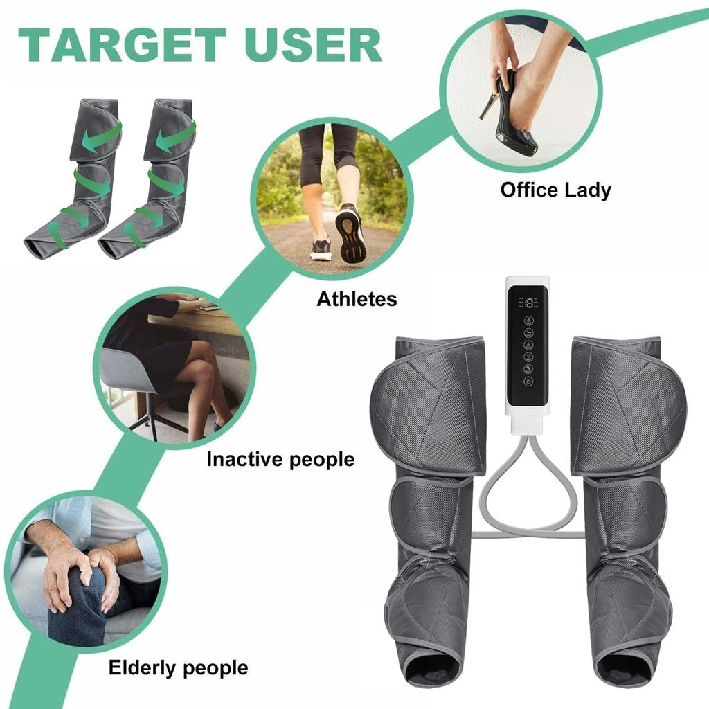 Электрический массажер для ног с воздушной компрессией 24 Вт с подогревом для стоп, икр и бедер, для улучшения кровообращения, с ручным контроллером, массажные сапоги с обхватом 360°