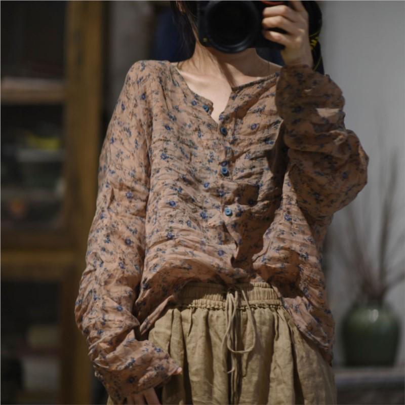 Johnature Woman Winter O-Neck Print Long Sleeves Shirt Fashion Vintage Chinese Style Single Breasted Shirt