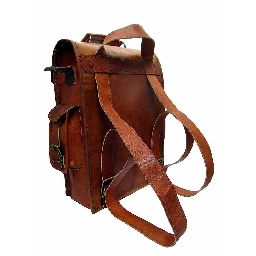 Vintage Goat Leather Backpack Messenger Real Satchel Bag Genuine Laptop Brown