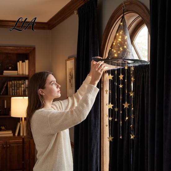 Witch Hat with LED Glow Lighted Hanging Chime, Halloween Ornament Patio Holiday Atmosphere Lights Star Tassels, Magical Light for Porch Window Indoor