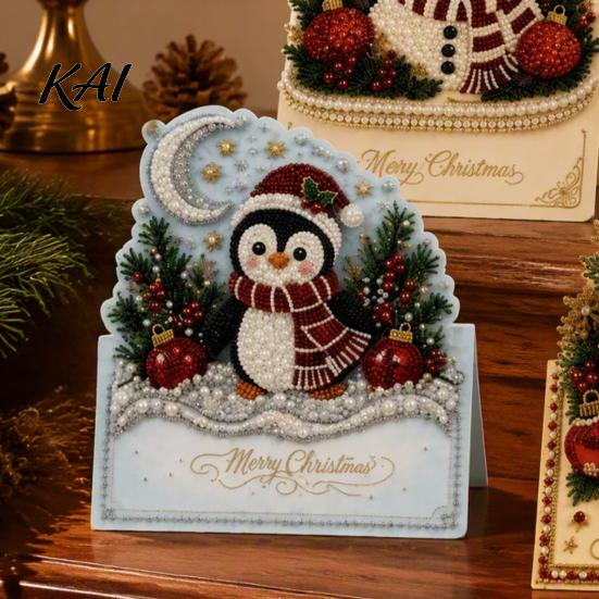 Faux Pearl Art Christmas Card Kit DIY Kit, 3D Pop-Up Snowman Blessing Cards for Friends Santa Elk Wreath Card, Handmade Xmas Family And Projects