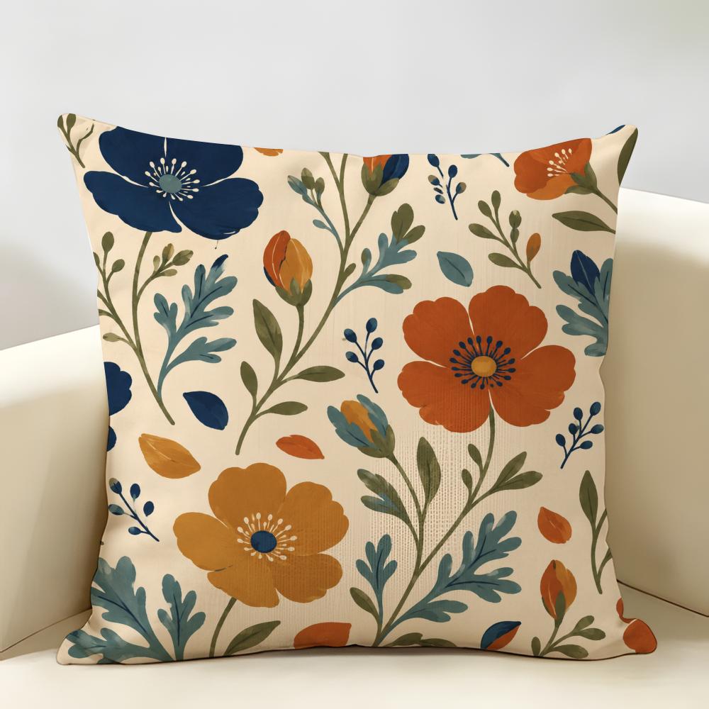 California Poppy Flower Boho Floral Cushion Cover Durable Hypoallergenic Organic Linen Short Pillow Cover Washable