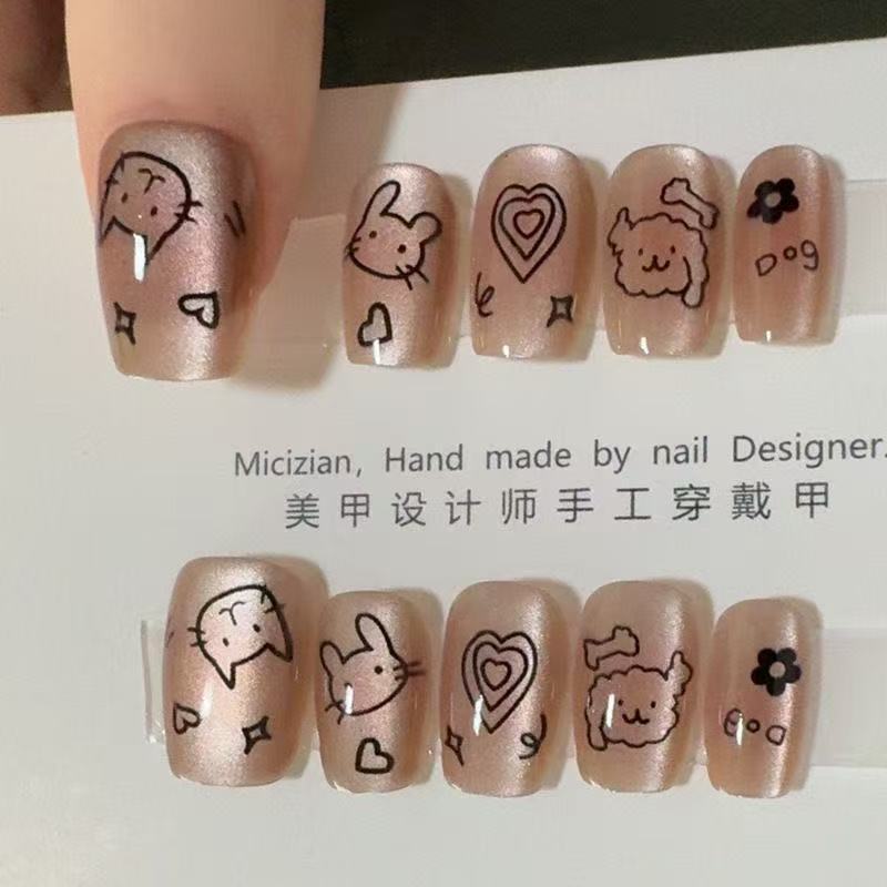 10 Pcs Cute Cat Dog Graffiti Hand Painted Short Cat Eye False Nails With Heart Decor Reusable Kawaii Press On Nails