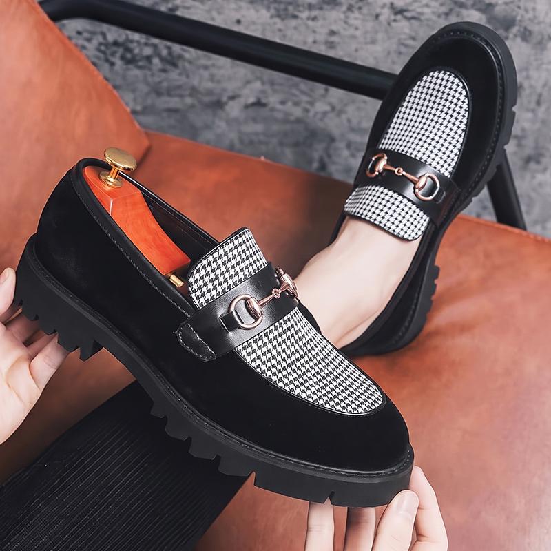 Men Punk Loafer Dress Elevator Shoes Height Increase Houndstooth Leather Shoes Thick Sole Platform Shoes Plus Size