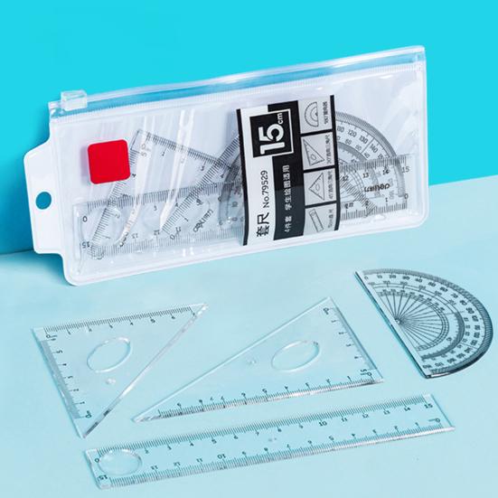 1 Set Transparent Ruler Easy-to-Use Clear Scale Round Hollow Design with Set Squares Protractor Stationery Learning Tools