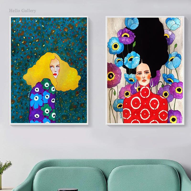 Abstract Flower Girl Colorful Long Hair Nordic Poster Female Wall Art Canvas Painter