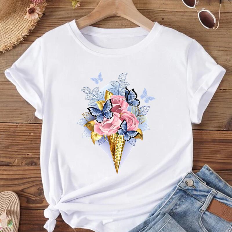 (Азиатский размер) Женская модная футболка с круглым вырезом, акварелью и сладким цветком, одежда, футболка с принтом, женские футболки с короткими рукавами и графикой