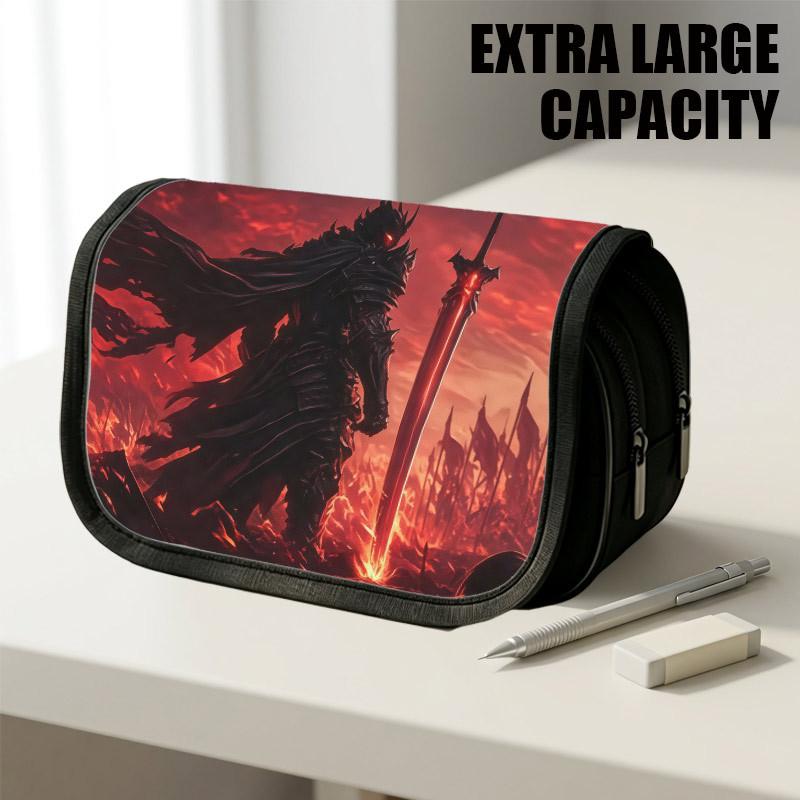 1pc Large Capacity Flip-Top Pencil Case Suitable for School & Office, Thickened Oxford Pencil Bag with Double-Layer Zipper & Dark Fantasy Warrior Red,