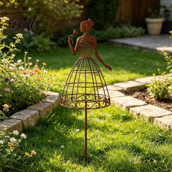 Weatherproof Iron Trellis for Pathways Vintage Lady Garden Stake, Rustic Metal Silhouette Plant Support Climbing Graceful Stakes Borders Vines