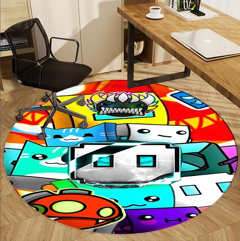 Geometry Dash Pattern Round Rug, Indoor/Outdoor Mat, for Picnic, Gameroom, Bedroom, Office, Living Room, Home Decor Carpet, Birthday Gift