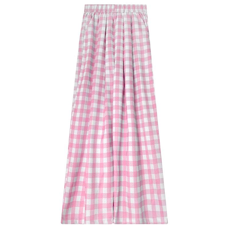 Women's Pink Plaid Straight-Leg Pants, Loose Slimming Fit, Casual Wide-Leg, Floor-Length, Spring/Autumn 2025.