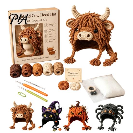 Parent Child Art Project Highland Cow Hat Crochet Kit, Halloween Pumpkin Spider Hood Handmade Winter Headwear DIY Craft Kit for Adults Teens Diy