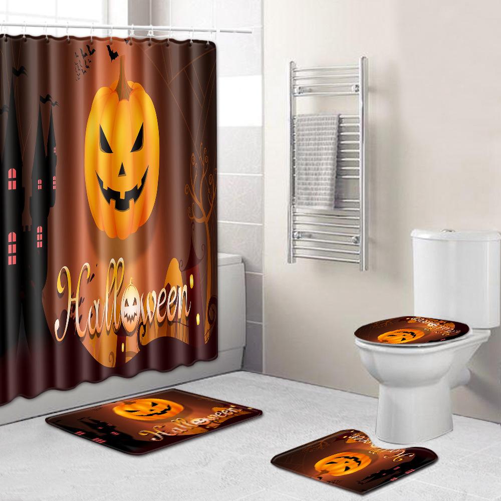 Halloween Shower Curtain Floor Mat Combination Four-Piece Set Bathroom Toilet Carpet Shower Room Foot Mat