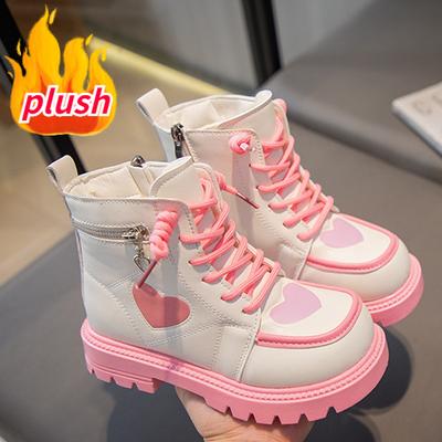 Осенне-зимние модные детские плюшевые короткие сапоги на молнии с сердечками для девочек