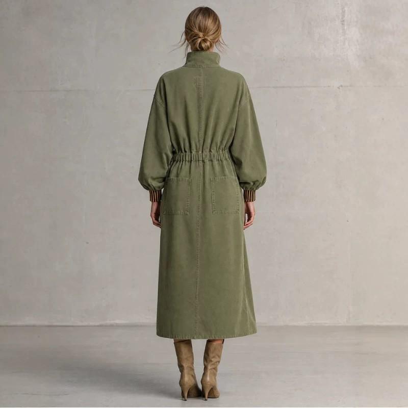 Vintage Stand Collar Half Zip Striped Cuff Utility Dress Loose Fit Long Women