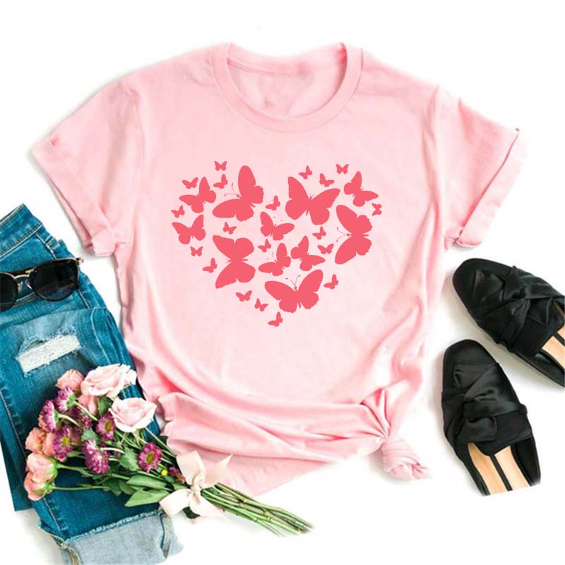 Watercolor Butterfly Heart Printed T Shirt New Unisex Black T Shirt Harajuku Cute Graphic Tee Shirt Ladies Casual Female Tops Tee