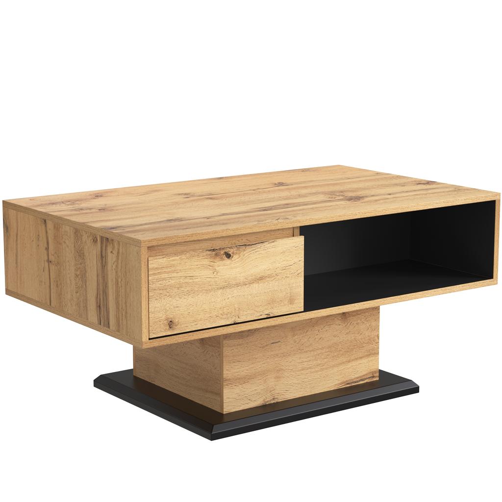Wood Grain Coffee Table with Handleless Drawer, Storage Compartment and Rear Compartment, Double-Sided Storage, Office/Living Room Sofa Table