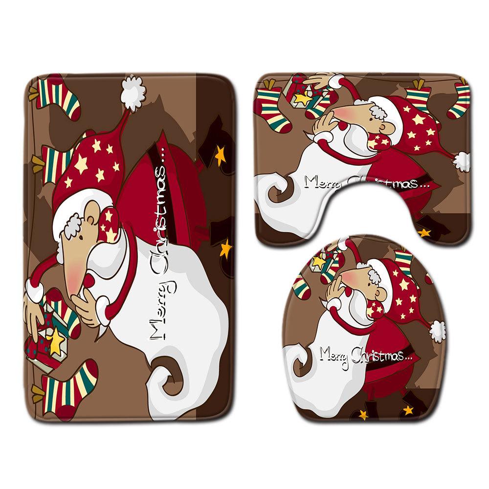 Рождественский коврик для ванной, туалетный трехпредметный набор