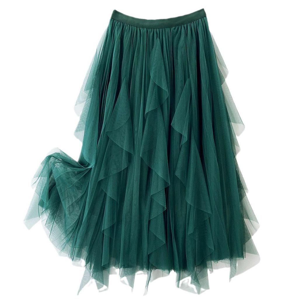 2023 Women's Irregular A-Line Pleated Gauze Skirt with Tassels