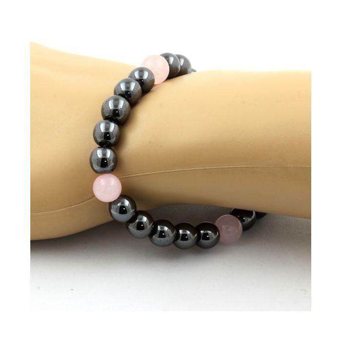 Pierres et Minéraux. Bracelet Perles Hématite + Quartz rose 8 mm. Fabriqué en France.
