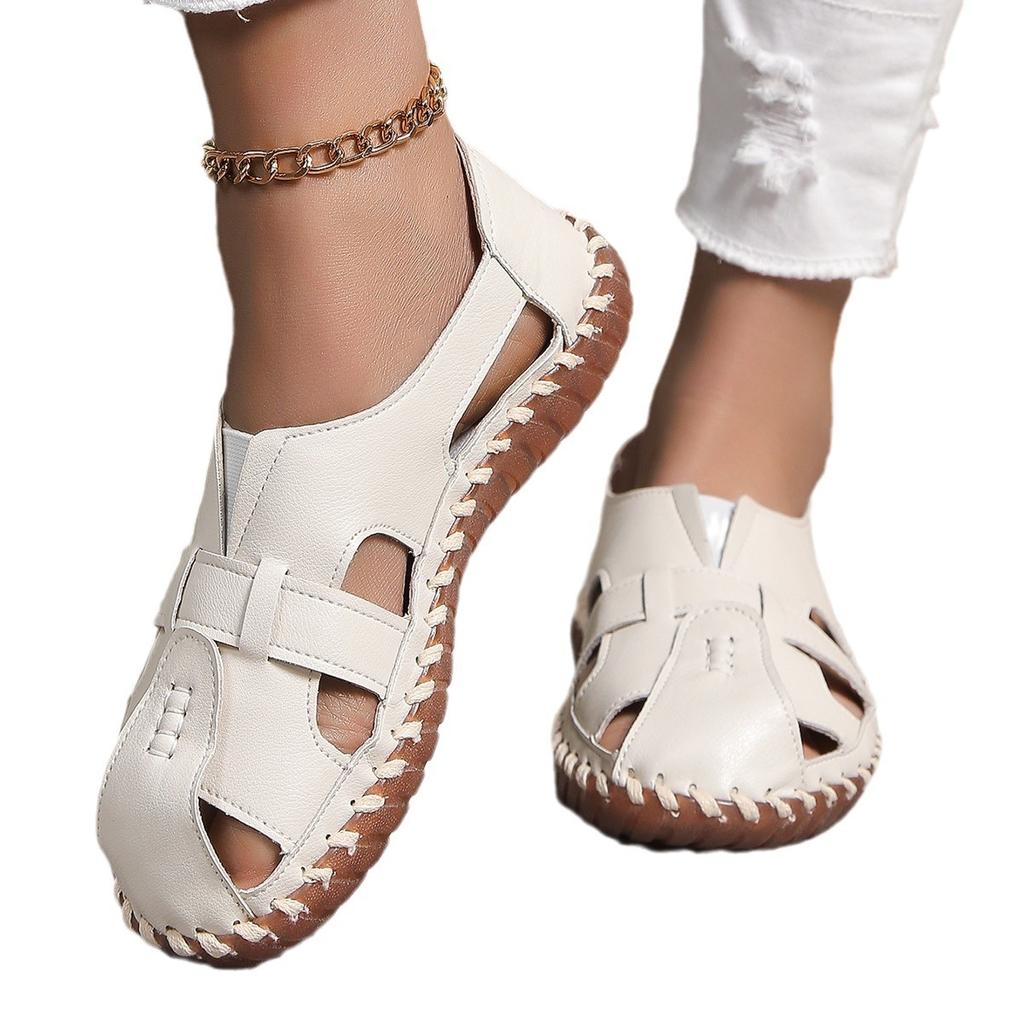 Summer New Soft Leather Beef Tendon Sole Seam Sandals Hollow Bag Head Hole Sandals Foreign Trade Large Size Spot Cool Single Shoes