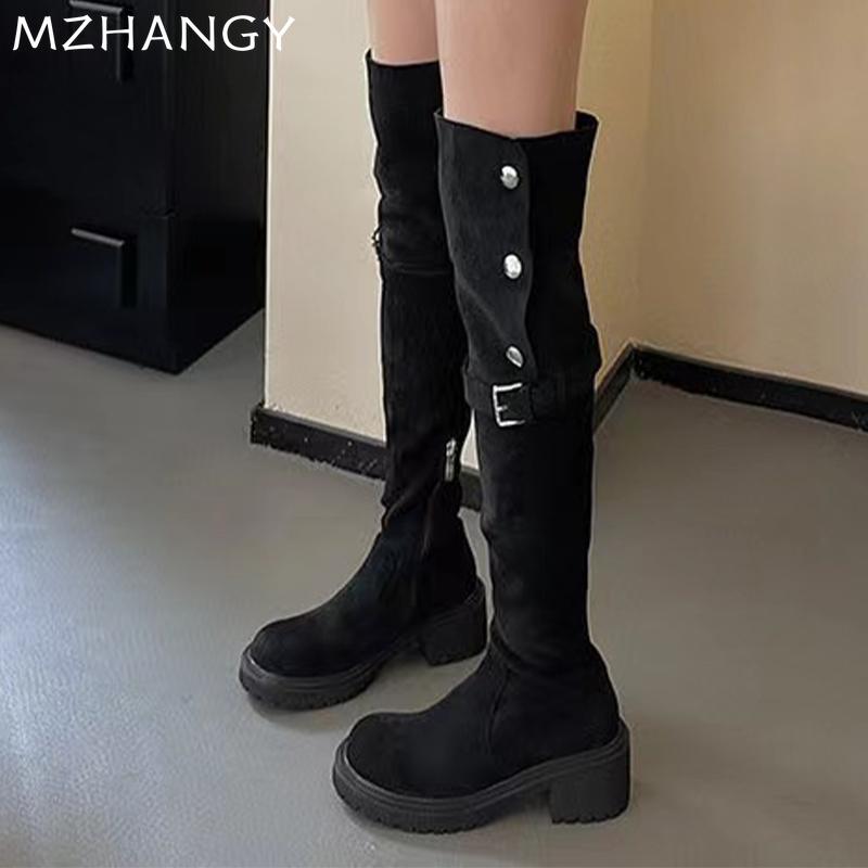 Модные женские замшевые ботфорты на толстом высоком каблуке, обувь выше колена, женский тренд 2025, зимние дизайнерские новые модные сапоги для снега Mujer Botas