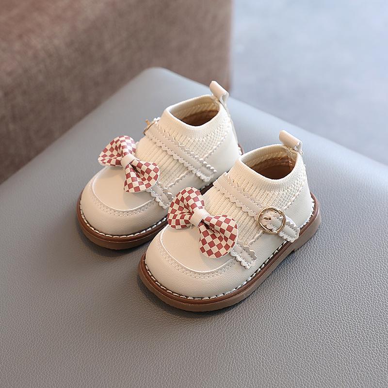 High Top Baby Girl Kintted Sock Shoes Houndstooth Buttefly-knot Toddler Boots for Kids Girls Elegant Newborn Autumn