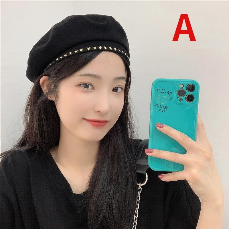Hat Female 2022 Fashion Thin Metal Star Black Beret Breathable Painter Hat Temperament Fashion Octagonal Hat