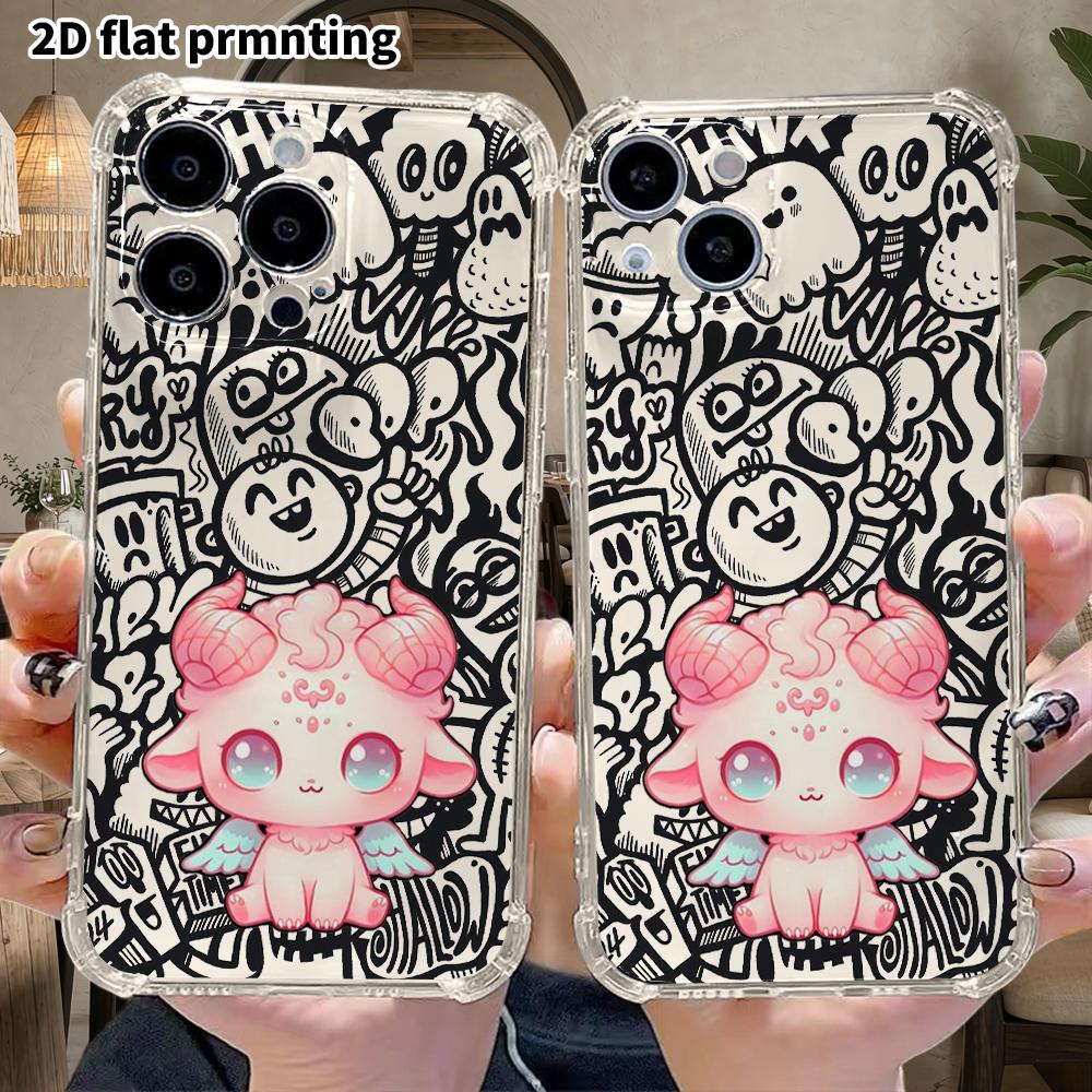 Phone Case: 2D flat suitable for iPhone 18 17 16 15 14 13 Pro, transparent four corner protective case, cute pink little sheep, Christmas and Hallowee
