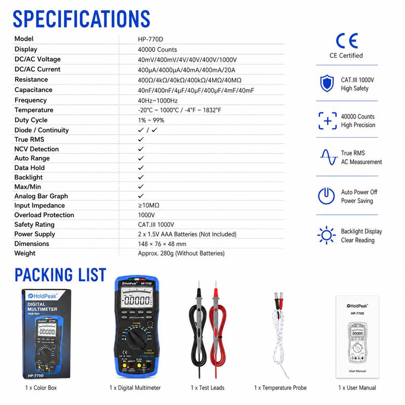 HP-770D True RMS Digital Multimeter 40000 Counts Auto Range NCV Voltage Current Tester with Temperature Test