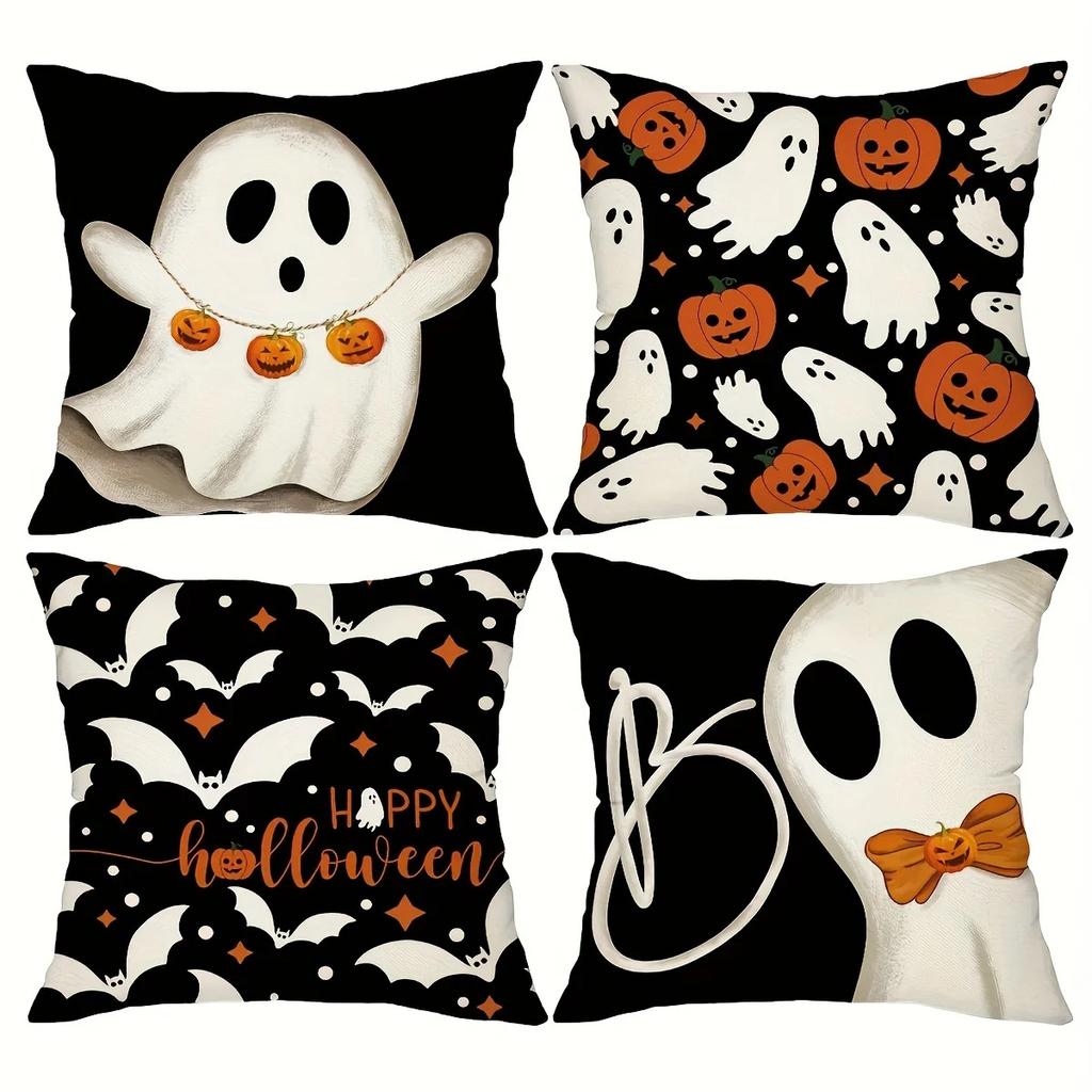 4-Pack Halloween Throw Pillow Covers 45X45Cm Ghost Pumpkin Bat Pattern Ideal For Sofa, Bed, Car, Living Room Home Decor