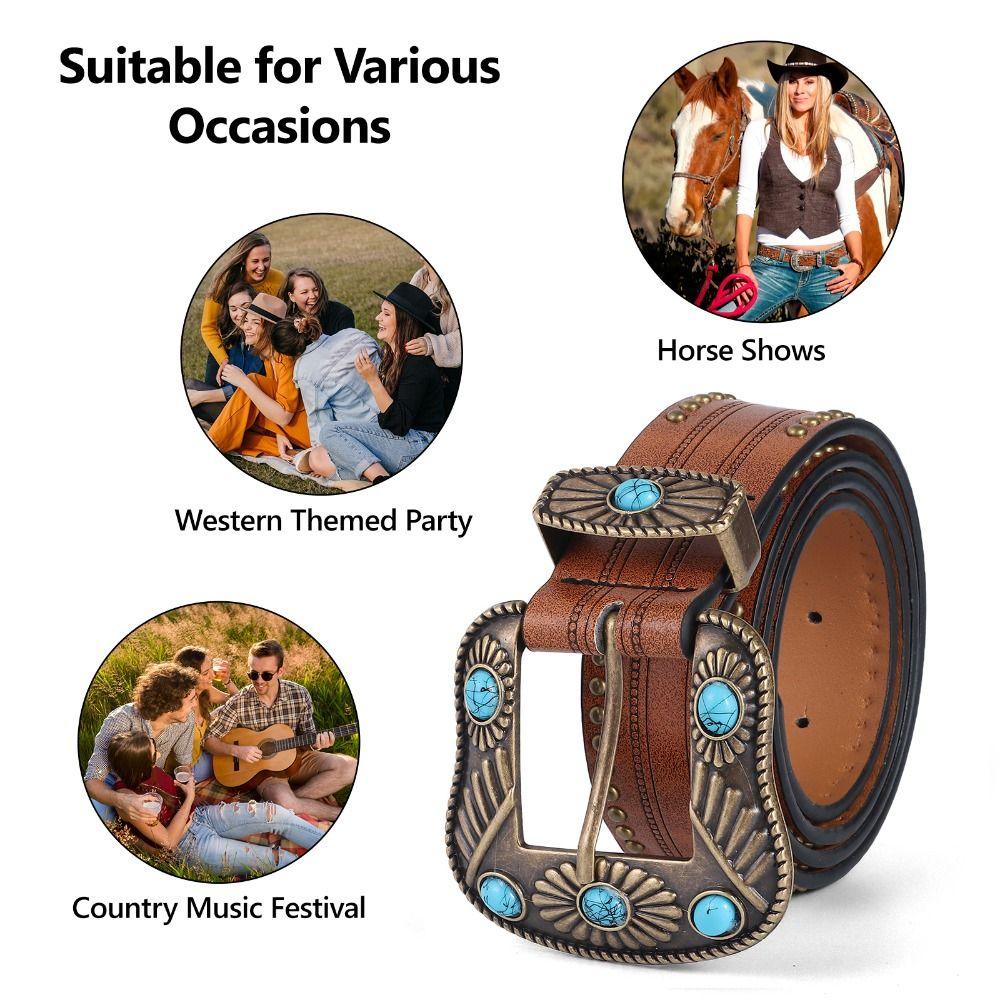 Богемный кожаный ремень с цветочной гравировкой, бирюзовый декор, пряжка, ковбойские деревенские ремни для женщин, женские ремни