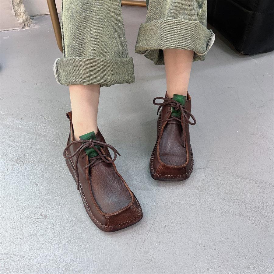 Johnature Короткие сапоги с квадратным носком, универсальные женские туфли на плоской подошве из натуральной кожи на шнуровке в стиле ретро в стиле ретро